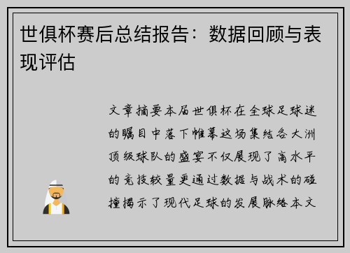 世俱杯赛后总结报告：数据回顾与表现评估